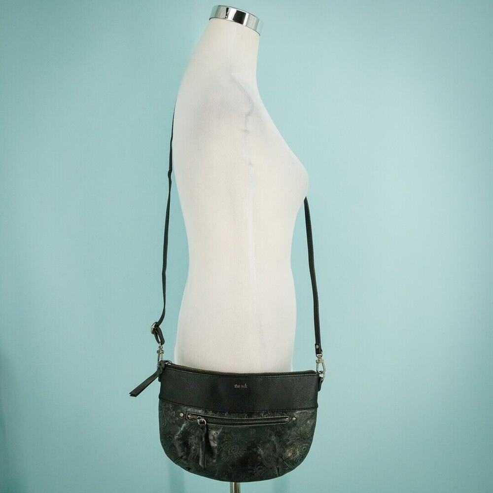 The Sak Oleta Black Floral Embossed Leather Crossbody Zip Top Shoulder Bag Purse